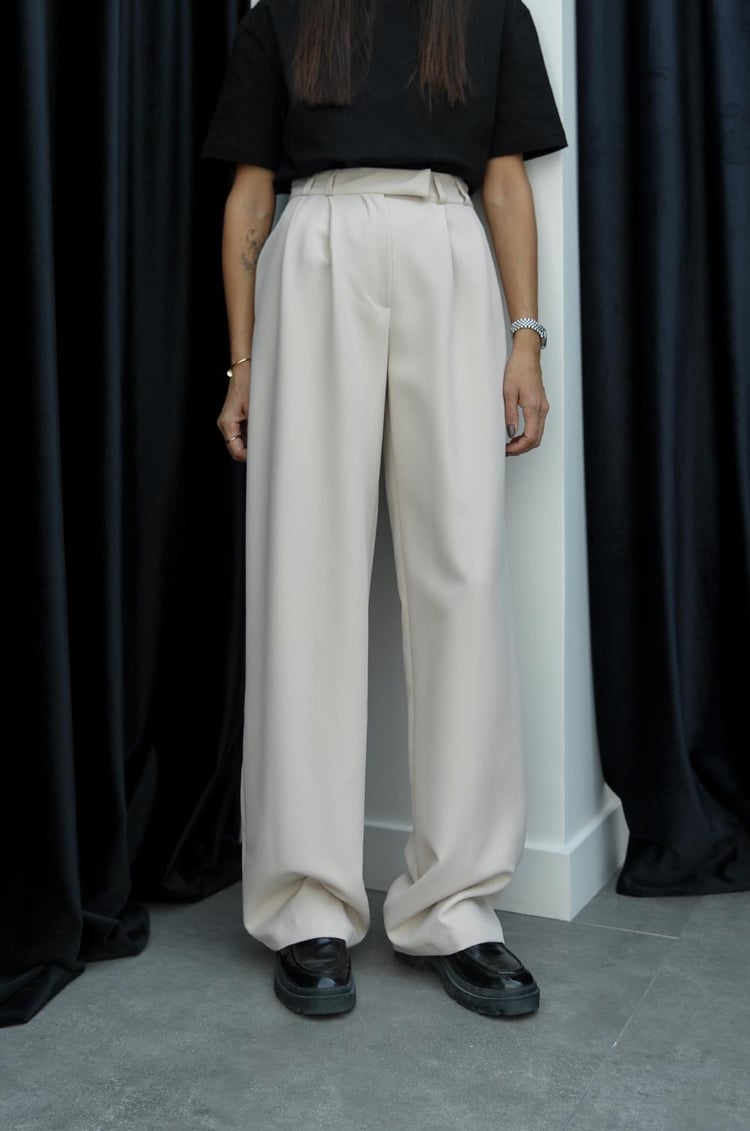 Taş Rengi Pleated Palazzo Pantolon