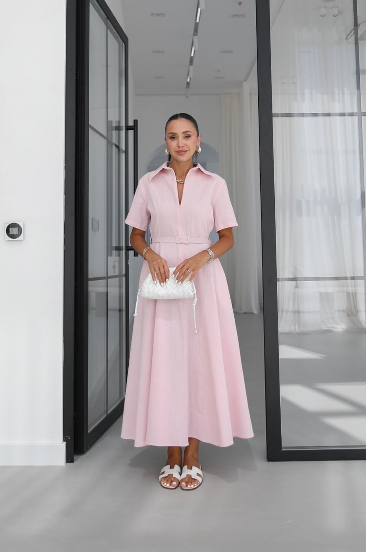 Toz Pembe İnce Kemerli Keten Midi Elbise