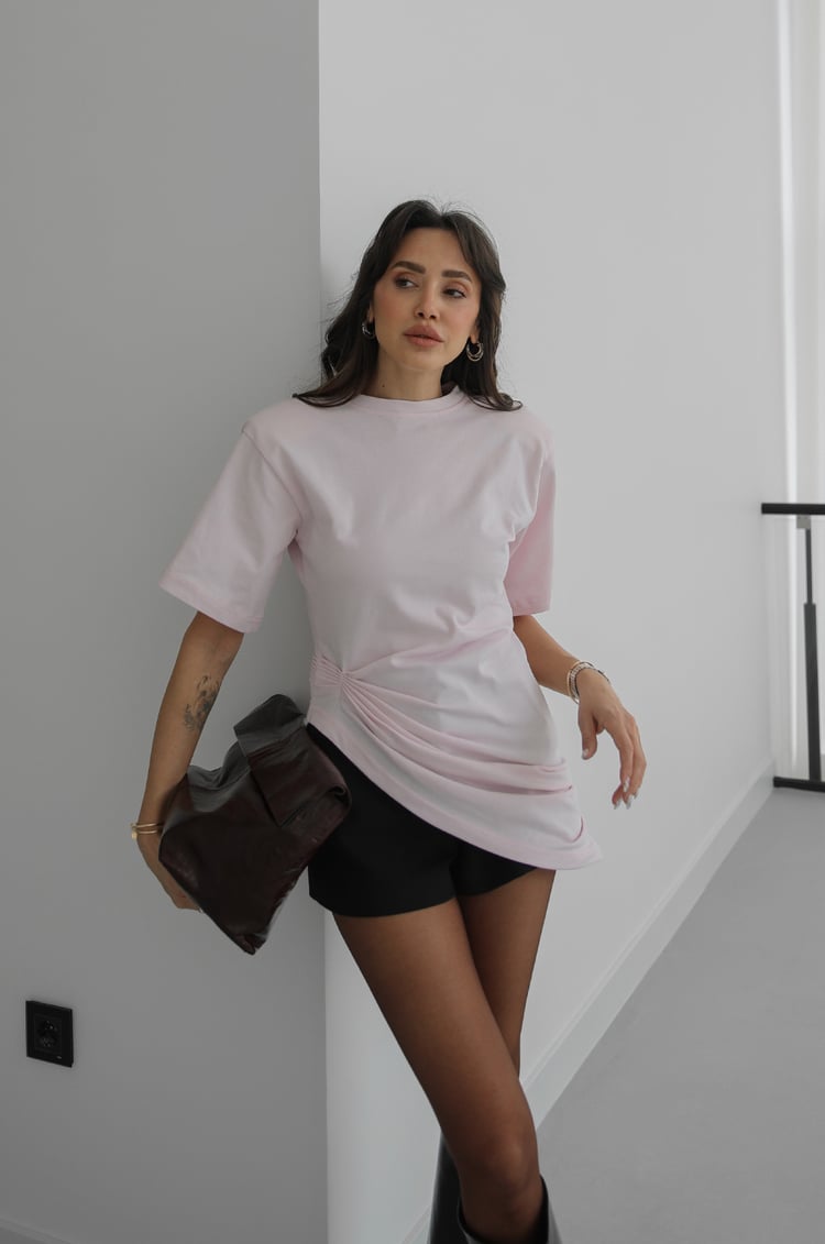 Toz Pembe Yan Büzgü Detaylı Vatkalı Bluz
