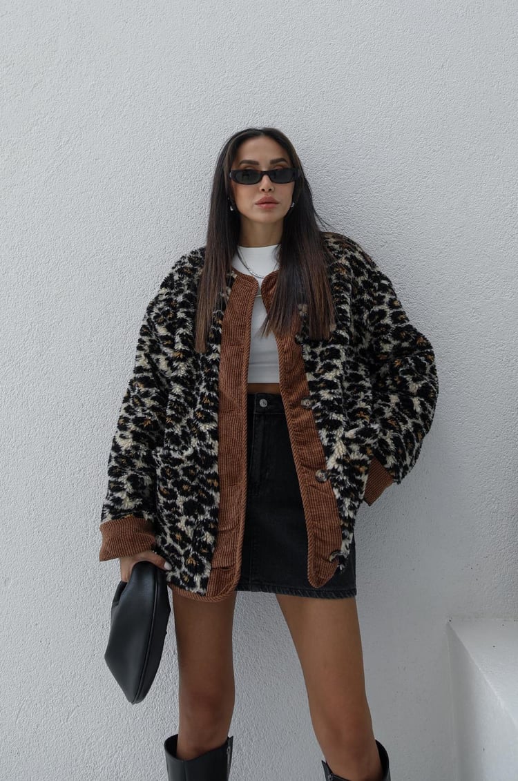 Winona Leopar Desenli Kadife Detaylı Ceket
