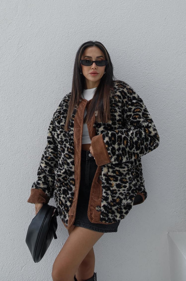Winona Leopar Desenli Kadife Detaylı Ceket