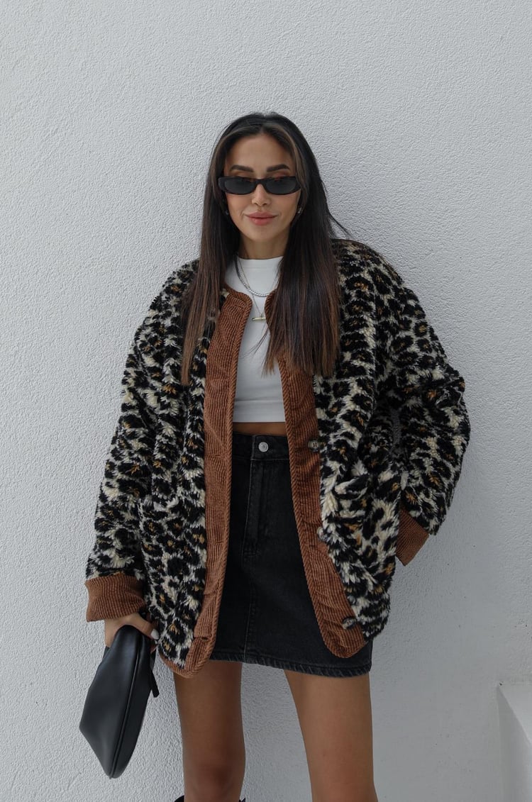 Winona Leopar Desenli Kadife Detaylı Ceket
