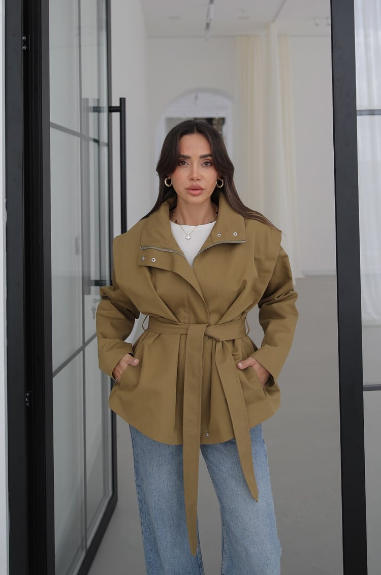 Yağ Yeşili Belted Fermuarlı Trençkot