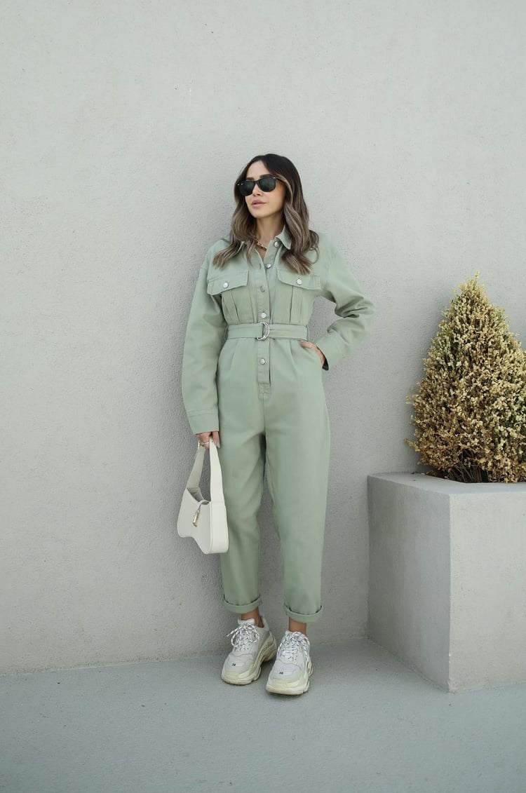 Yeşil Kemerli Gabardin Tulum