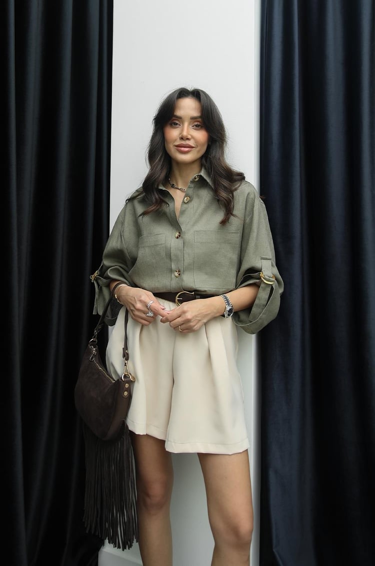 Yeşil Kolları Kemer Detaylı Ham Keten Gömlek