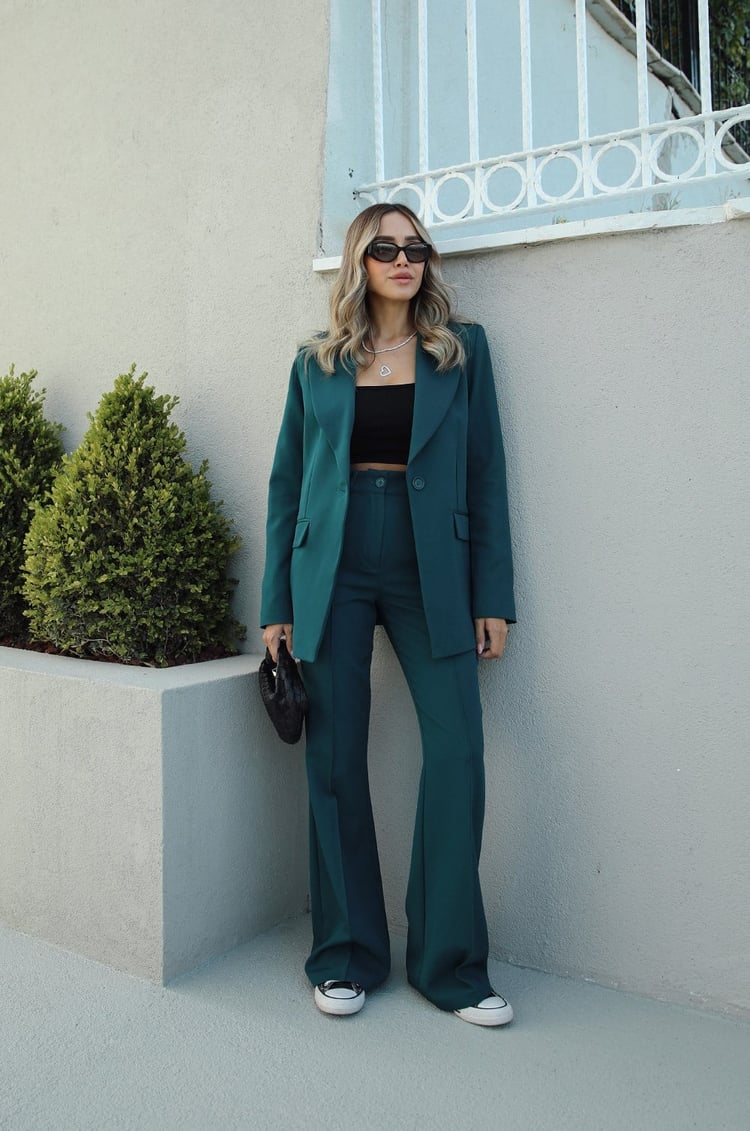 Zümrüt Yeşil İspanyol Pantolon Blazer Premium Takım