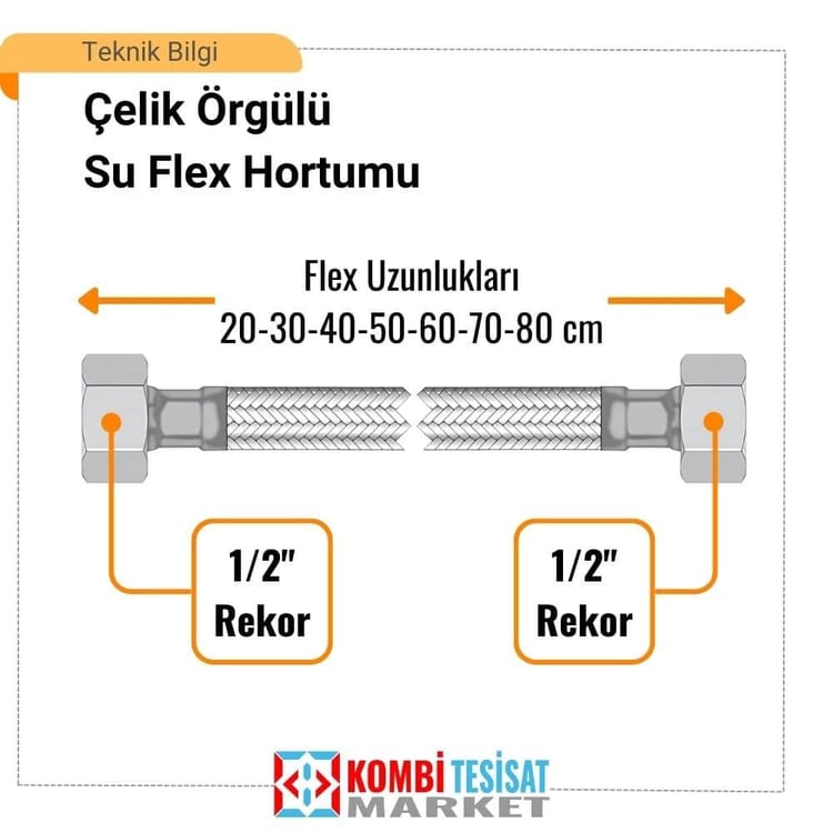 1/2x1/2-20 cm Su Bağlantı Flex Hortumu