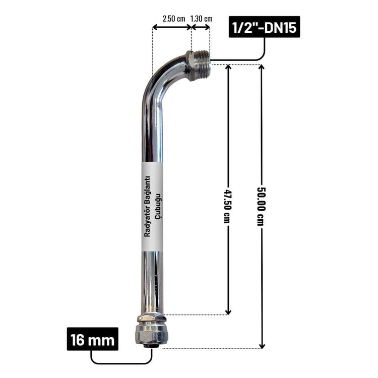 50 cm Dirsekli Pex Radyatör Bağlantı Borusu-Krom Uzatma Çubuğu