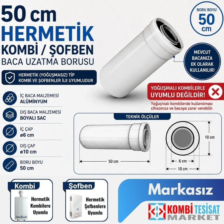 50 cm Hermetik Kombi / Şofben Baca Uzatma Borusu (Markasız)
