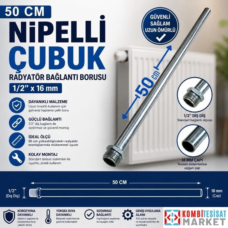 50 cm Nipelli Çubuk Radyatör Bağlantı Borusu 1/2x16 mm