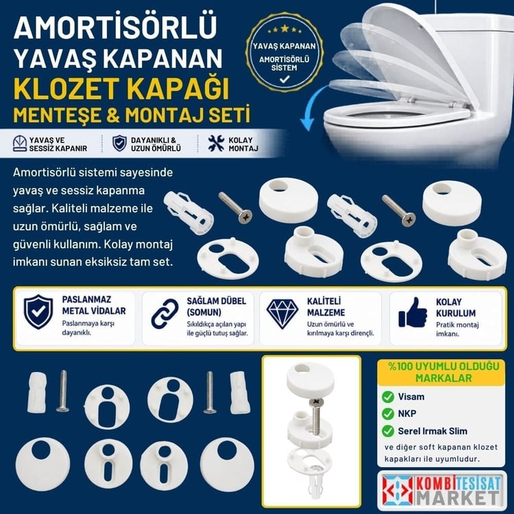 Amortisörlü Yavaş Kapanan Klozet Kapağı Menteşe ve Montaj Seti