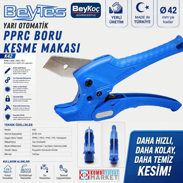 Beykoç-Beytes 42 mm Kompozit Yarı Otomatik Pprc Plastik Boru Kesme Makası
