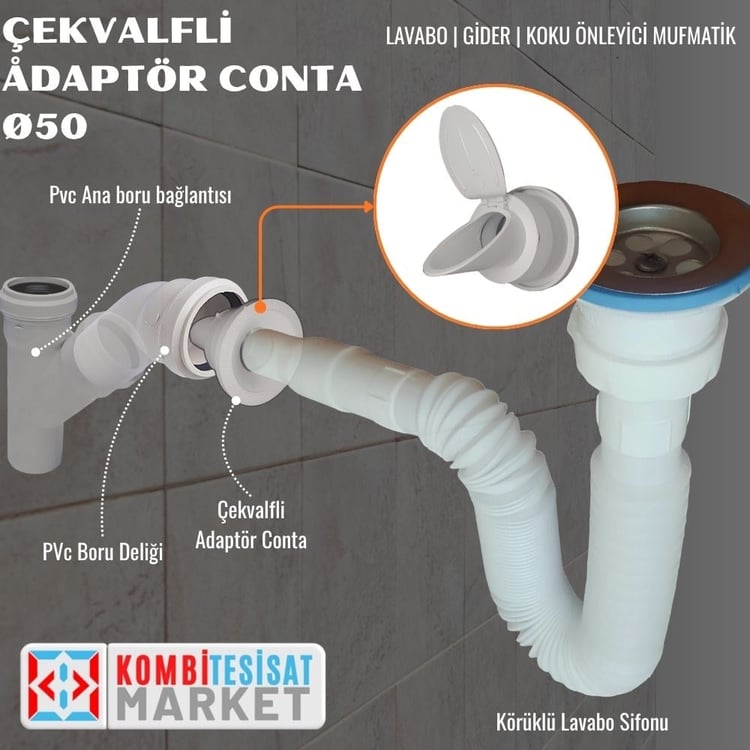 Çekvalfli Adaptör Conta Ø50 - Lavabo I Gider I Koku Önleyici Mufmatik