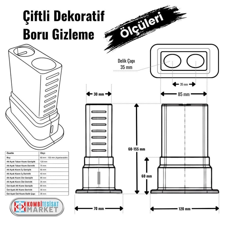 Dekoratif Ayarlı Çiftli Boru Gizleme Aparatı - Krom