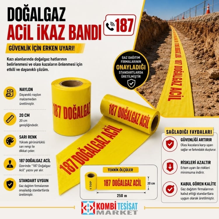 Doğalgaz Acil İkaz Bandı (187 Yazılı)- 20 cm x metre