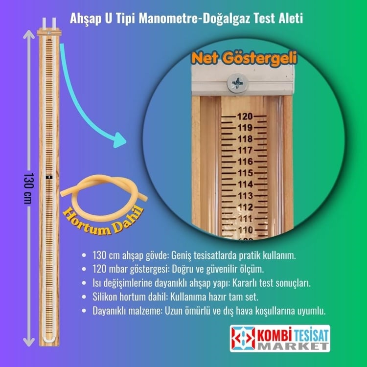Doğalgaz Test Aleti-Ahşap U Manometre-Hortumlu-120 mbar