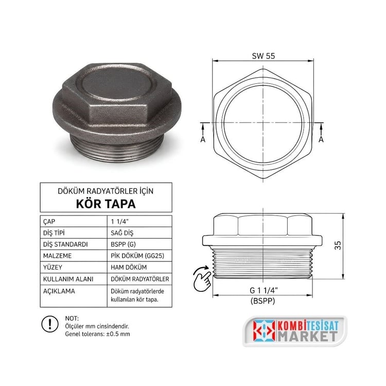 Döküm Radyatör Kör Tapası 11/4 Sağ Diş