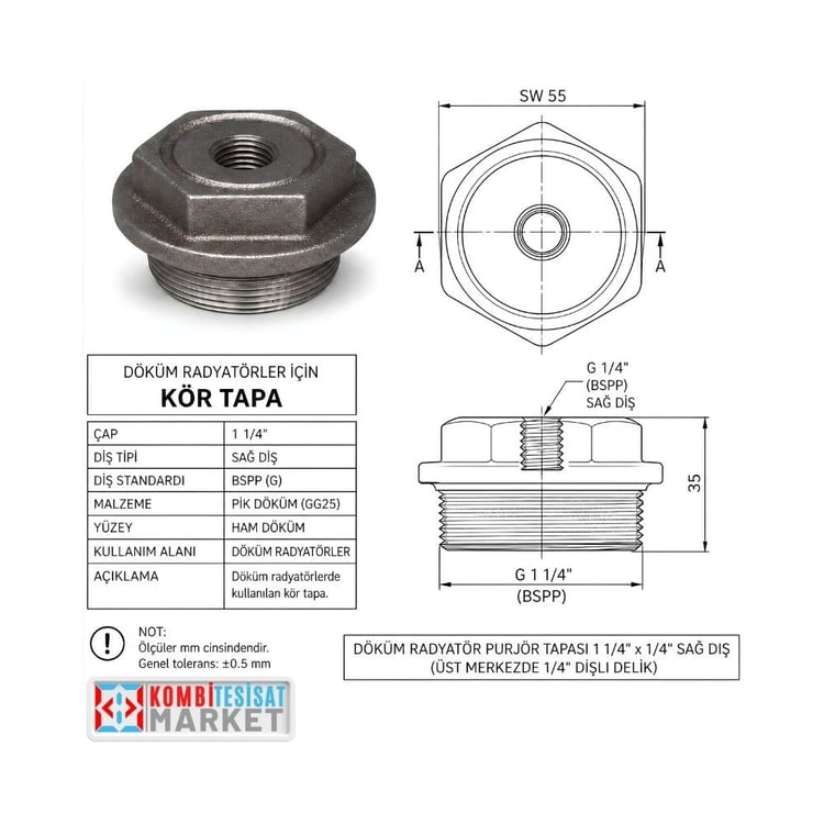 Döküm Radyatör Purjör Tapası 11/4x1/4 Sağ Diş