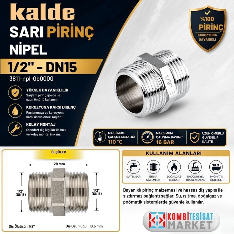 Kalde Sarı Pirinç Nipel - 1/2 - DN15