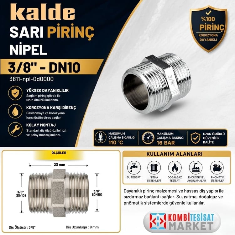 Kalde Sarı Pirinç Nipel - 3/8 - DN10