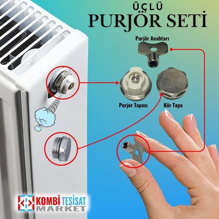 Radayatör Purjör Üçlü Seti (Radyatör Kör Tapası-Purjör Anahtarı-Purjor Tapası)