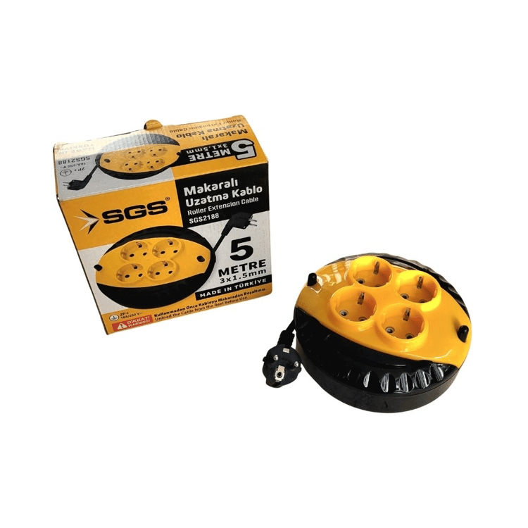SGS Mini Makaralı Dörtlü Uzatma Kablosu 5 metre 3x1.5 mm