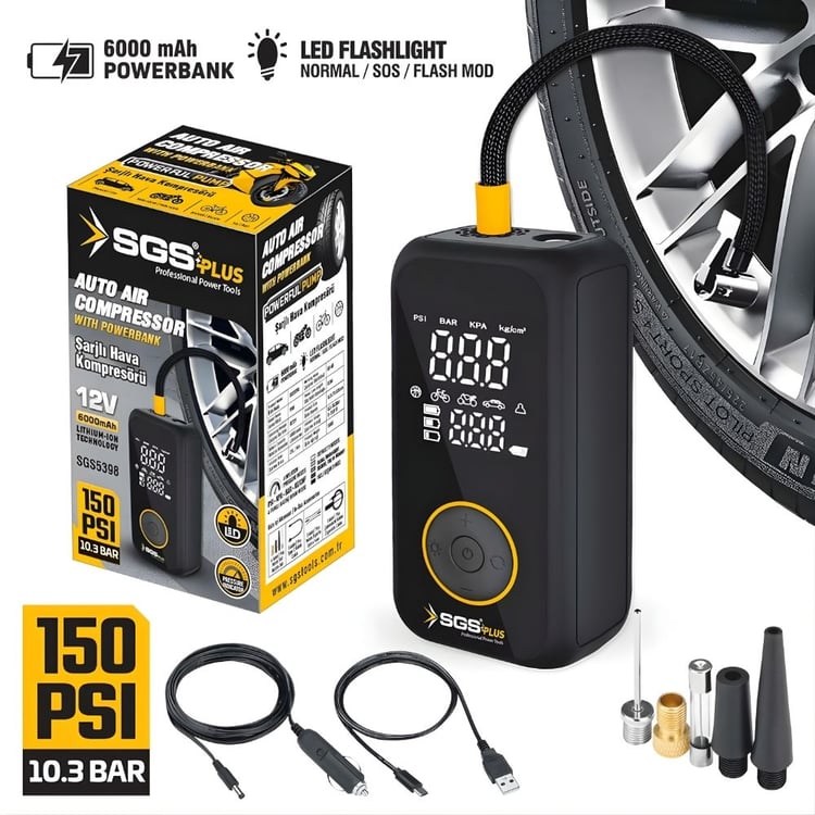 SGS Şarjlı Dijital Hava Kompresörü  12V 6.0 Ah (150 PSI)