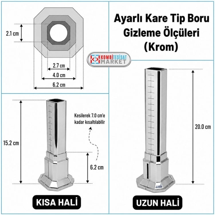 Uzun Tekli Kare Boru Gizleme Krom