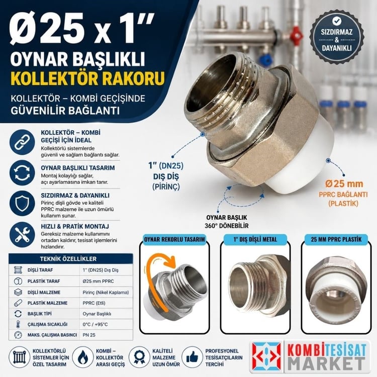 kollektorrek01-Ø25 x 1'' Oynar Başlıklı Kollektör Rakoru - Erkek Nipel