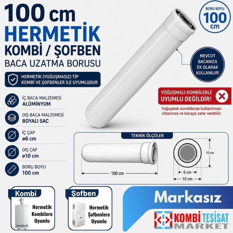 hbacab100-100 cm Hermetik Kombi / Şofben Baca Uzatma Borusu (Markasız)