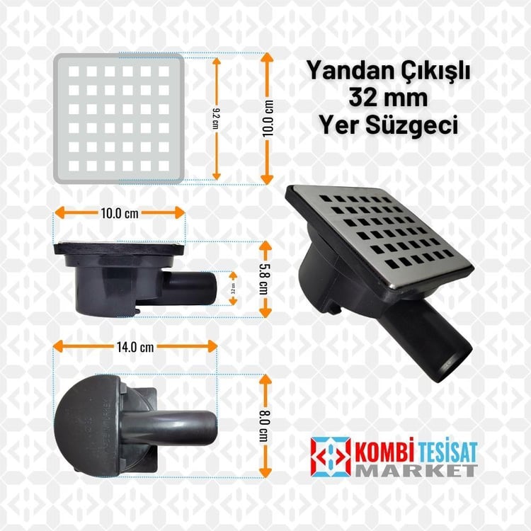 BANYO AKSESUARLARI-Diğer-10x10 cm Yer Süzgeci 32 mm Yandan Çıkışlı Paslanmaz Izgaralı-sifonyc-032100100