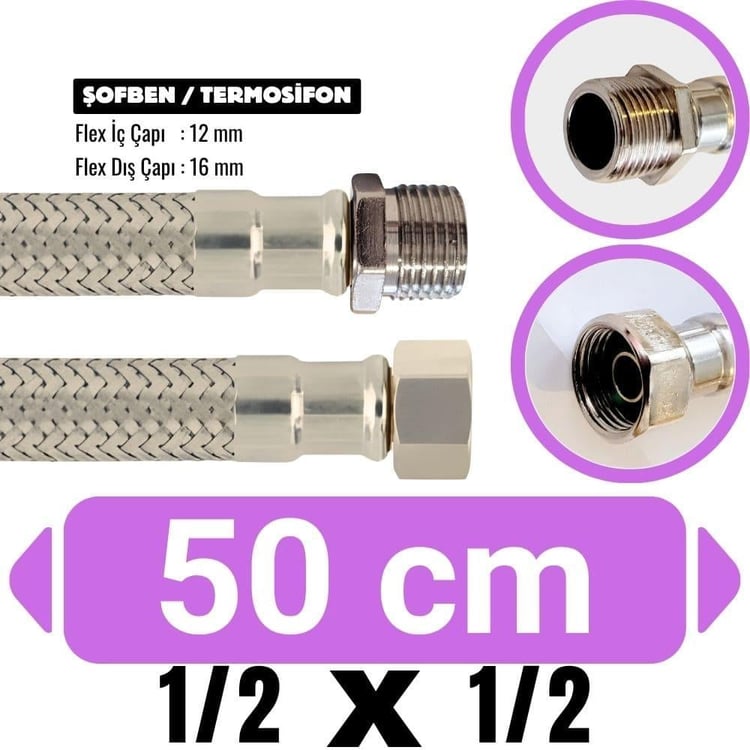 tf-1212050-1/2x1/2-50 cm Şofben Termosifon Paslanmaz Çelik Su Bağlantı Flex Hortumu 12x16 mm