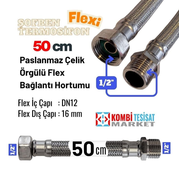 tf-1212050-1/2x1/2-50 cm Şofben Termosifon Paslanmaz Çelik Su Bağlantı Flex Hortumu 12x16 mm