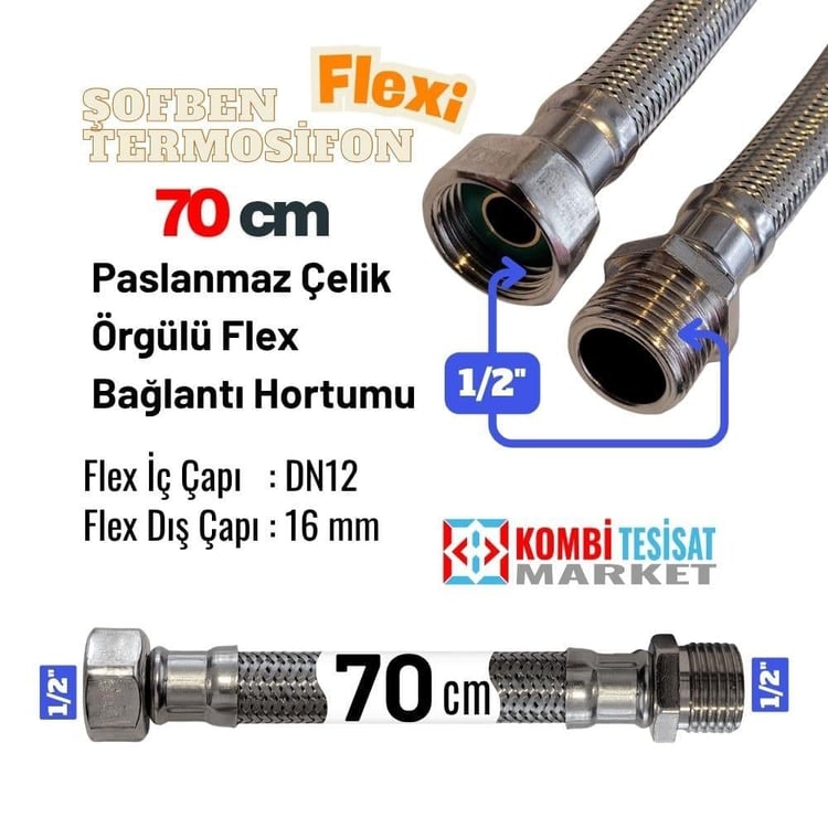 tf-1212070-1/2x1/2-70 cm Şofben Termosifon Paslanmaz Çelik Su Bağlantı Flex Hortumu 12x16 mm