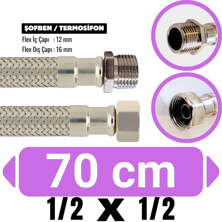 tf-1212070-1/2x1/2-70 cm Şofben Termosifon Paslanmaz Çelik Su Bağlantı Flex Hortumu 12x16 mm