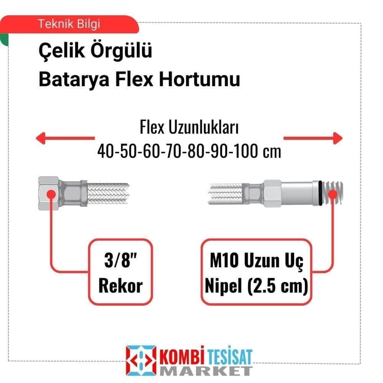 sfu-3810050-3/8xM10 Uzun-50 cm Batarya Bağlantı Flex Hortumu