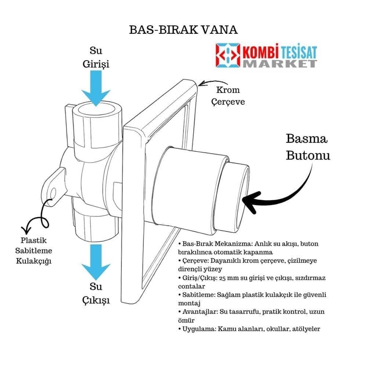 basvana2501-Ankastre 25 mm Bas Bırak Vana Krom Başlıklı Kare Rozetli