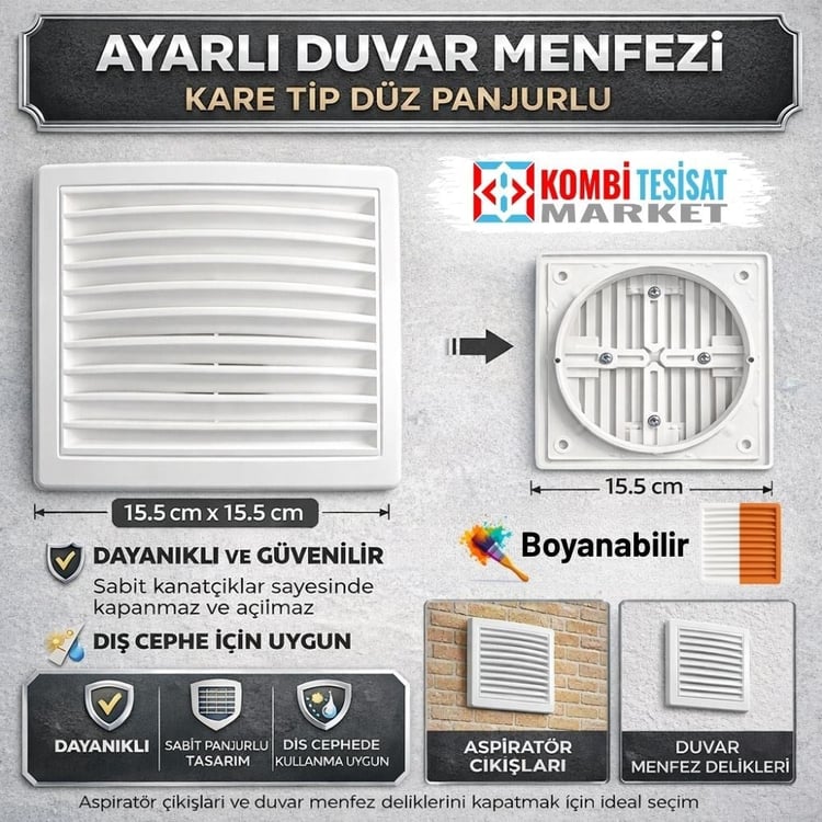 menfez09-Ayarlı Duvar Menfezi Kare Tip Düz Panjurlu