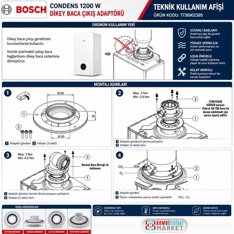 7736902395-Bosch Condens 1200 W Dikey Baca Çıkış Adaptörü