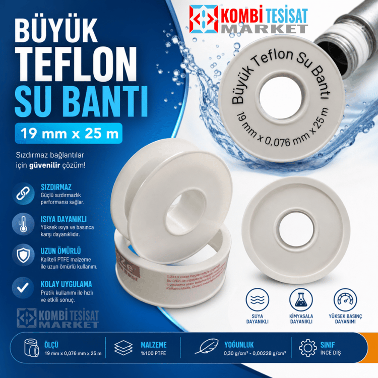 teflon1925-Büyük Teflon Su Bantı 19mm x 25m