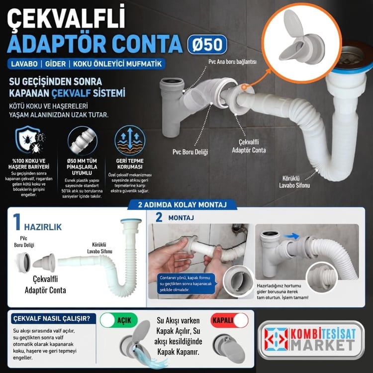 adaptormuf50-Çekvalfli Adaptör Conta Ø50 - Lavabo I Gider I Koku Önleyici Mufmatik