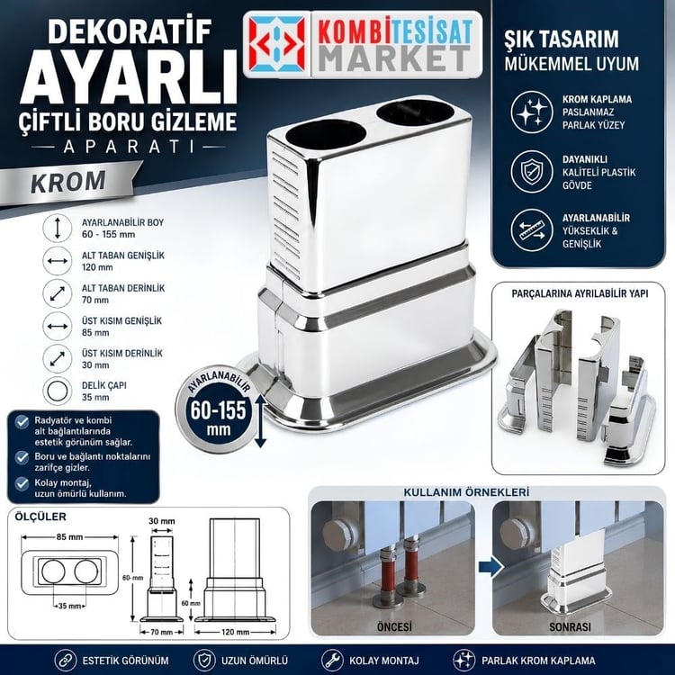 bgiz-ciftli-k01-Dekoratif Ayarlı Çiftli Boru Gizleme Aparatı - Krom