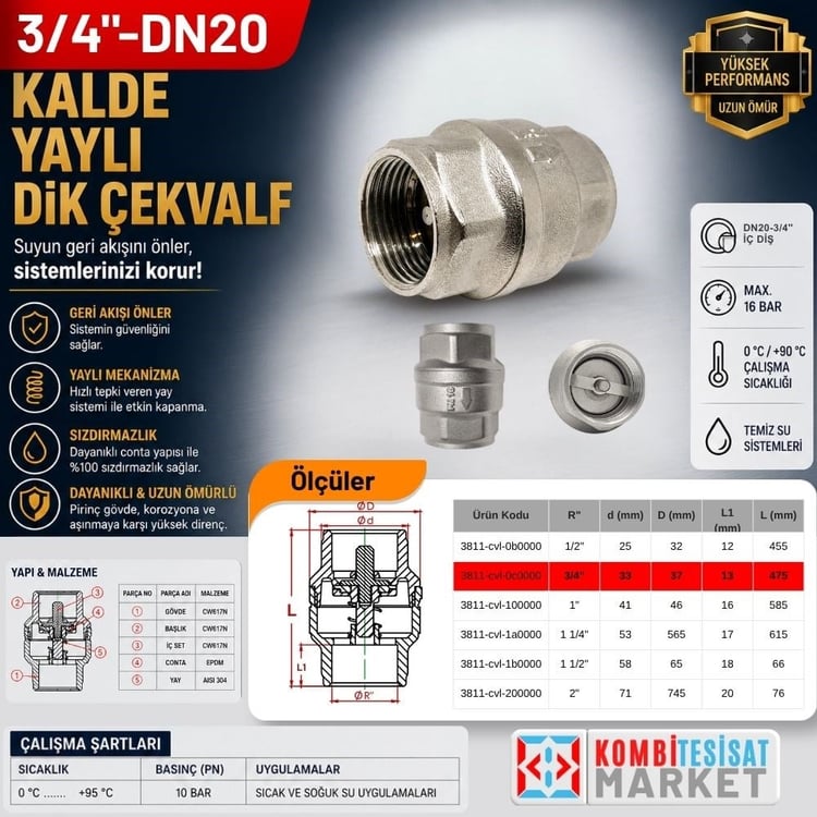 kalde-dik-20-DN20-3/4 Kalde Yaylı Dik Çekvalf
