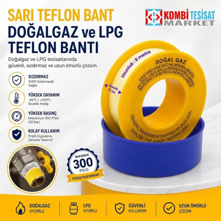 TEFLON02-Doğalgaz ve Lpg Teflon Bantı Sarı
