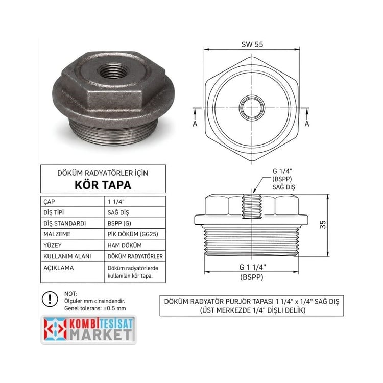 dkt3201-Döküm Radyatör Purjör Tapası 11/4x1/4 Sağ Diş