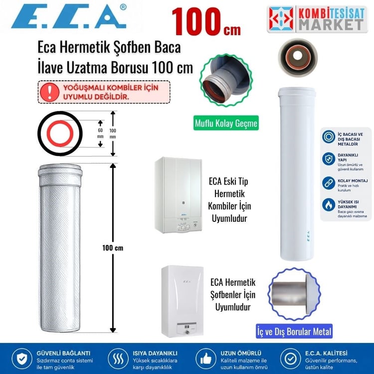 Ecabu100-Eca 100 cm Baca Uzatması-Hermetik Kombi-Şofben için