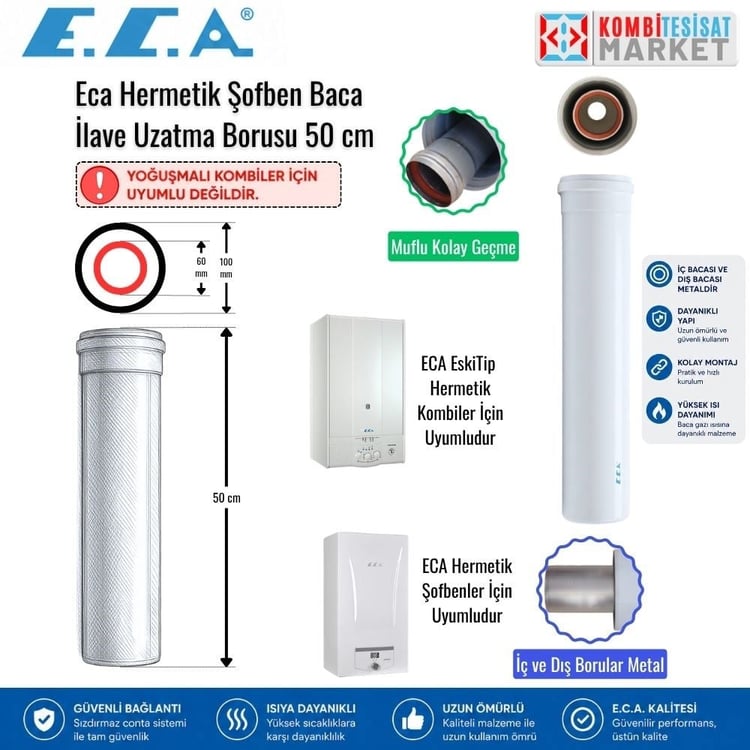 Ecabu50-Eca 50 cm Baca Uzatması-Hermetik Kombi-Şofben için