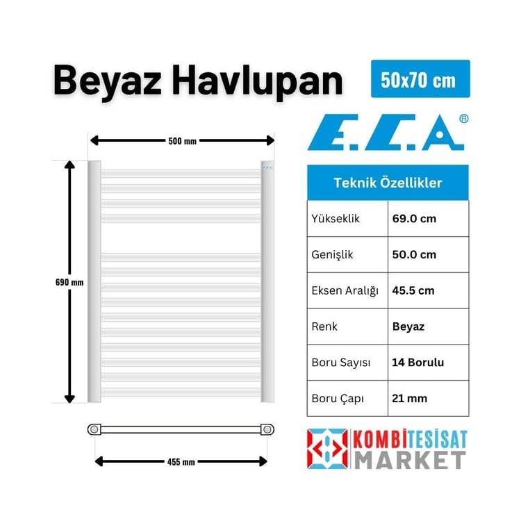 ECABP5070-Eca 5/7 Düz Havlupan Beyaz I Havlu Kurutucu Radyatör I Banyopan