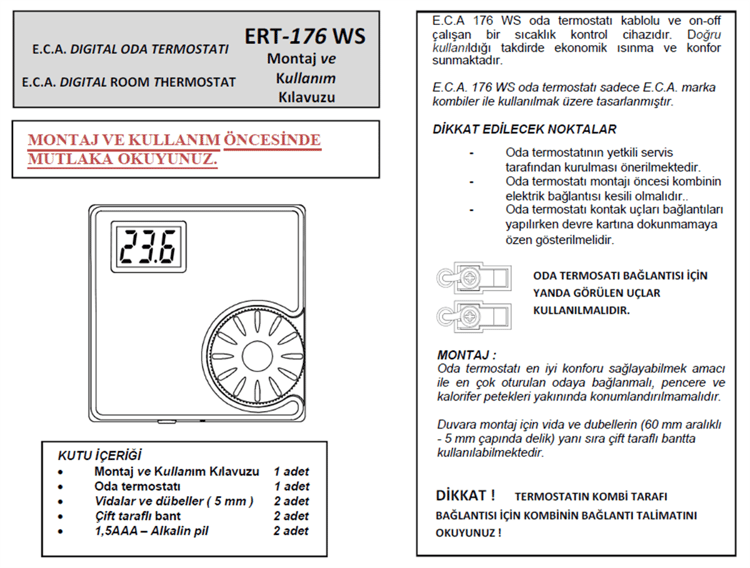 Eca Kablosuz Oda Termostatı ERT-176 RF Dijital Ekranlı