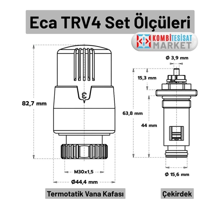 602120796-Eca TRV4 Set-Termostatik Kompakt Radyatör Vanası + Uzun Çekirdek 44 mm